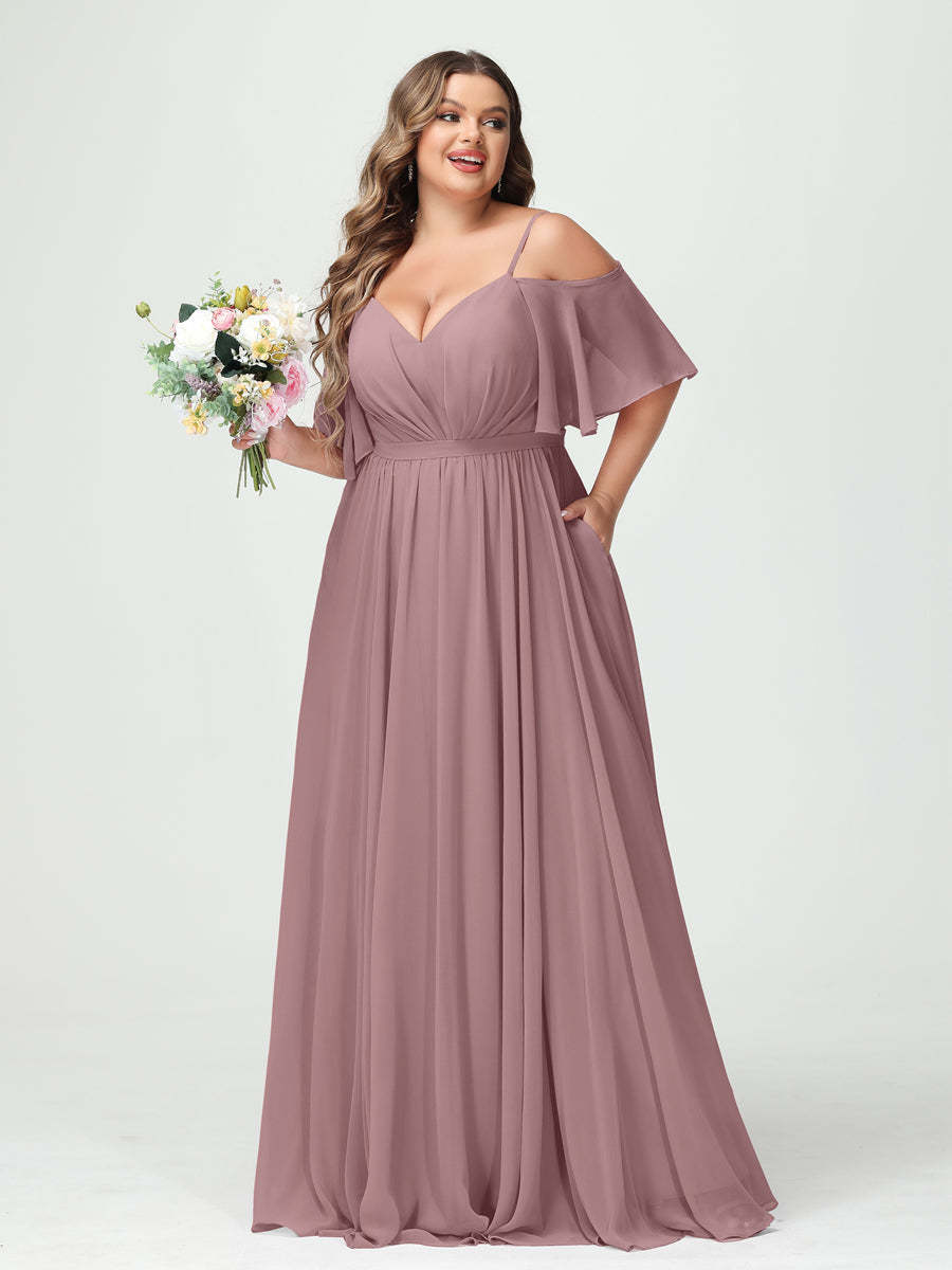 Plus Size Chiffon Bridesmaid Dresses with Pockets – A-Line, Princess, and Spaghetti Strap Styles