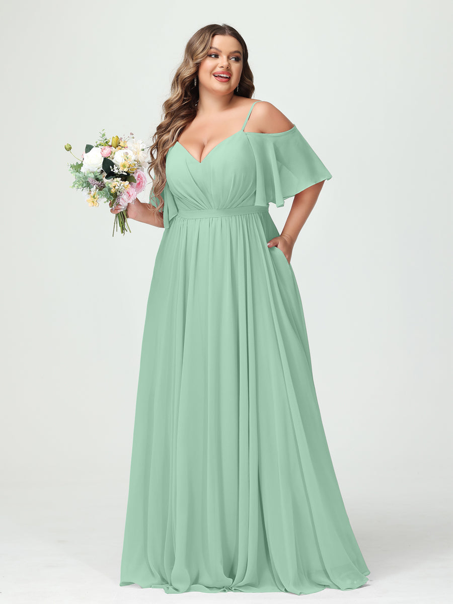 Plus Size Chiffon Bridesmaid Dresses with Pockets – A-Line, Princess, and Spaghetti Strap Styles