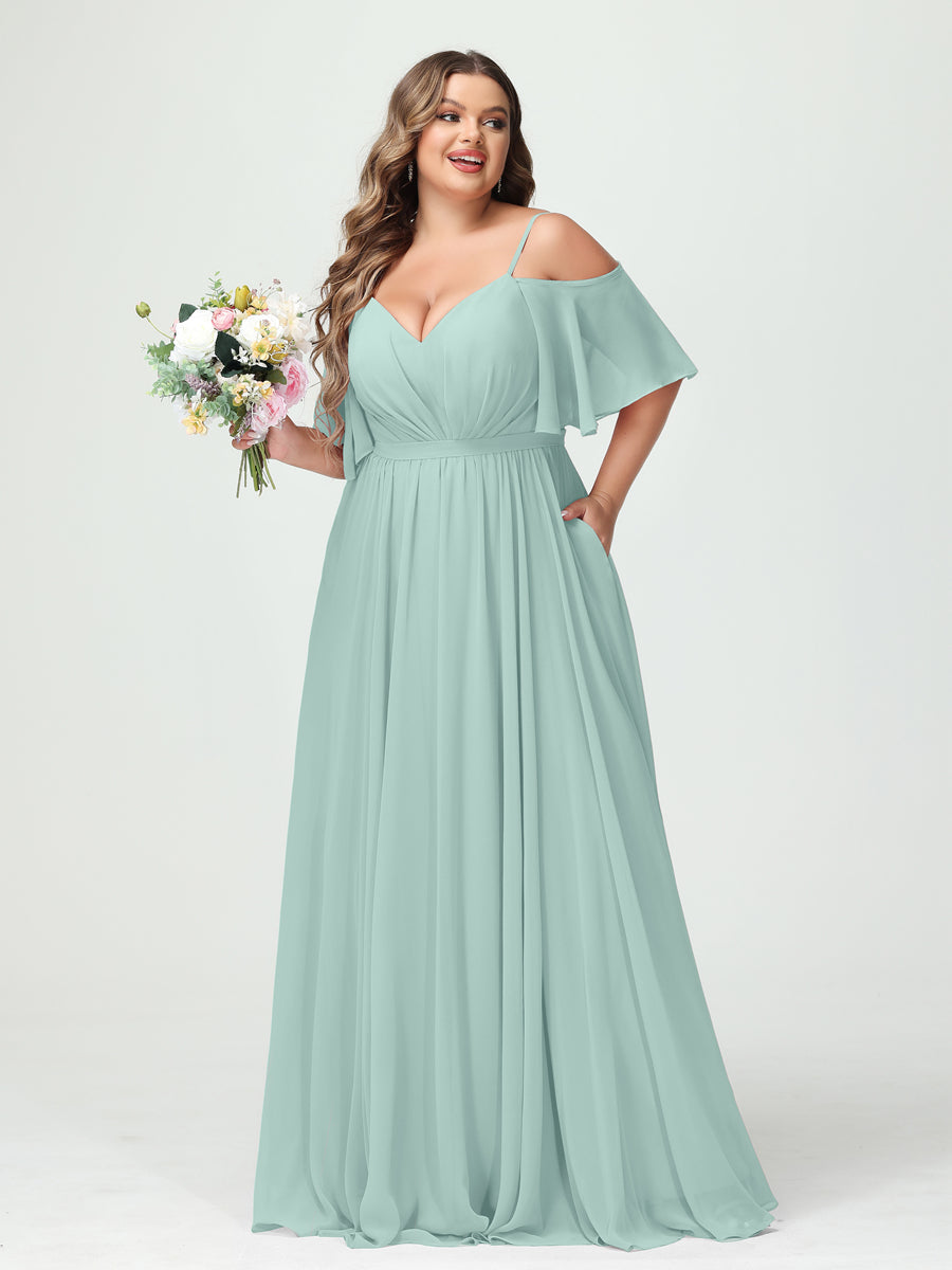 Plus Size Chiffon Bridesmaid Dresses with Pockets – A-Line, Princess, and Spaghetti Strap Styles
