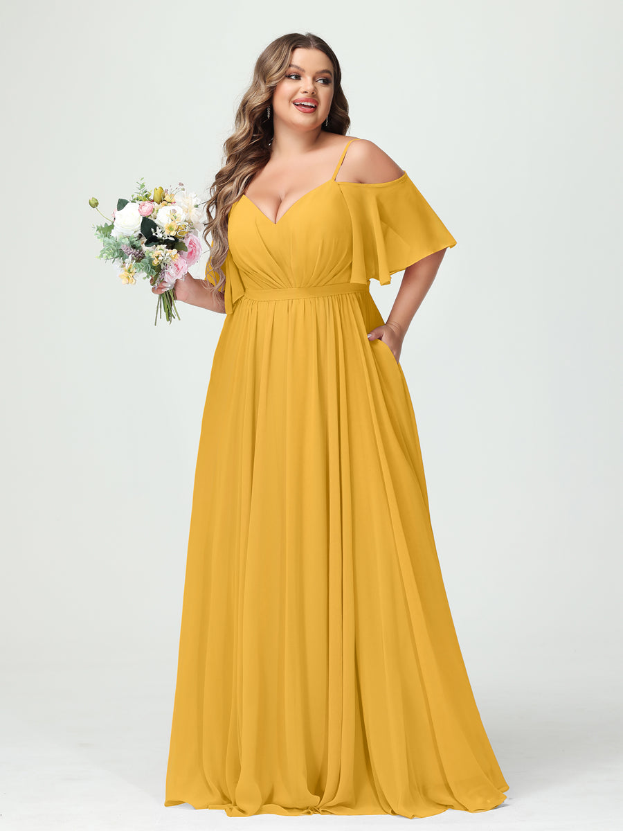 Plus Size Chiffon Bridesmaid Dresses with Pockets – A-Line, Princess, and Spaghetti Strap Styles