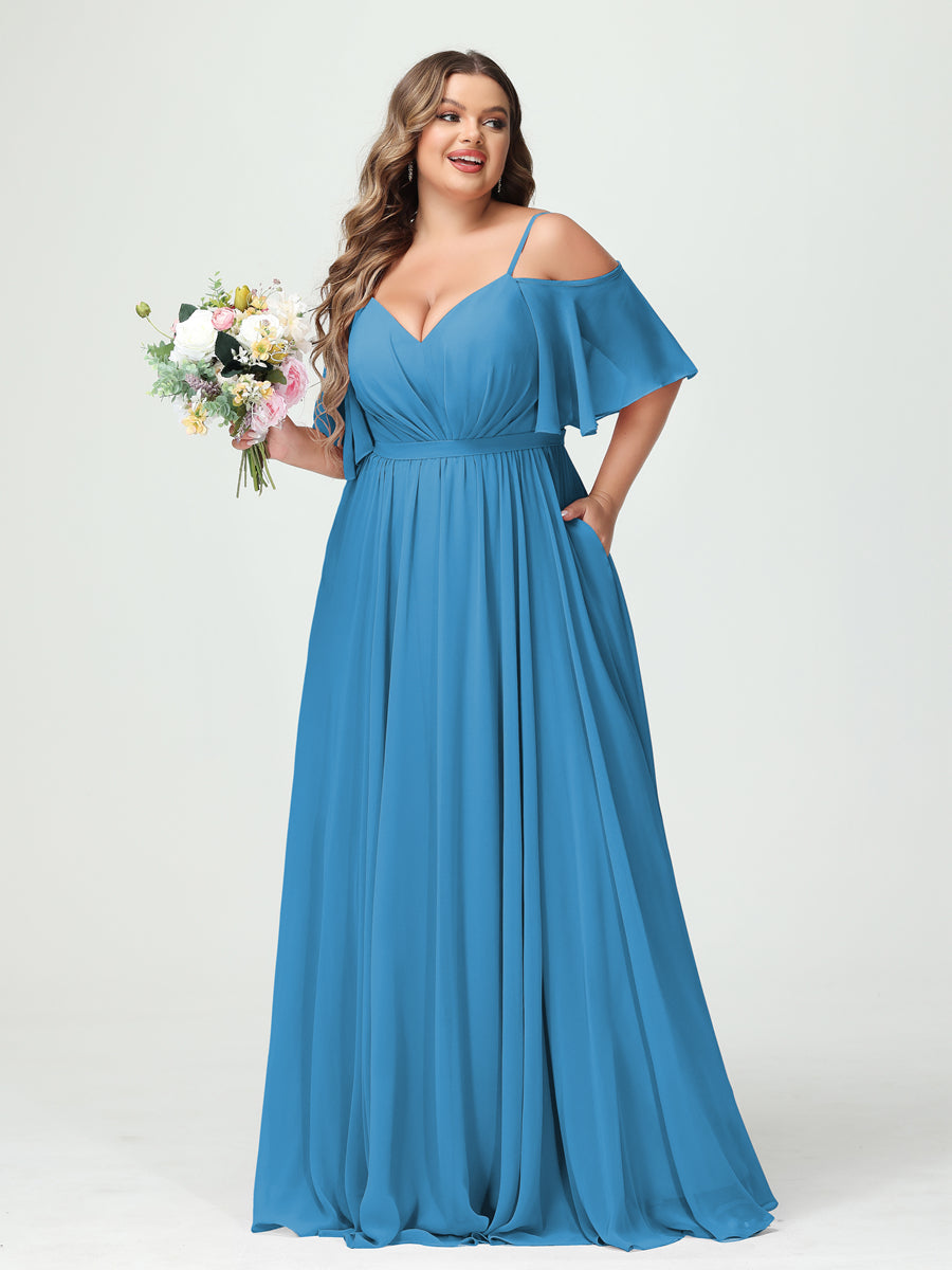 Plus Size Chiffon Bridesmaid Dresses with Pockets – A-Line, Princess, and Spaghetti Strap Styles