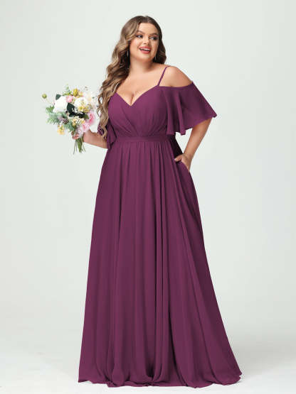 Plus Size Chiffon Bridesmaid Dresses with Pockets – A-Line, Princess, and Spaghetti Strap Styles