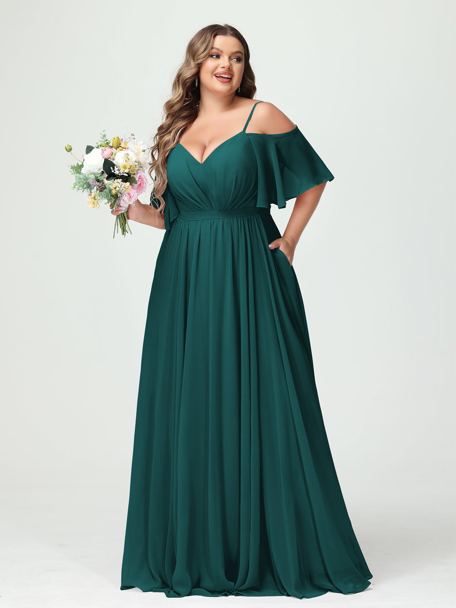 Plus Size Chiffon Bridesmaid Dresses with Pockets – A-Line, Princess, and Spaghetti Strap Styles