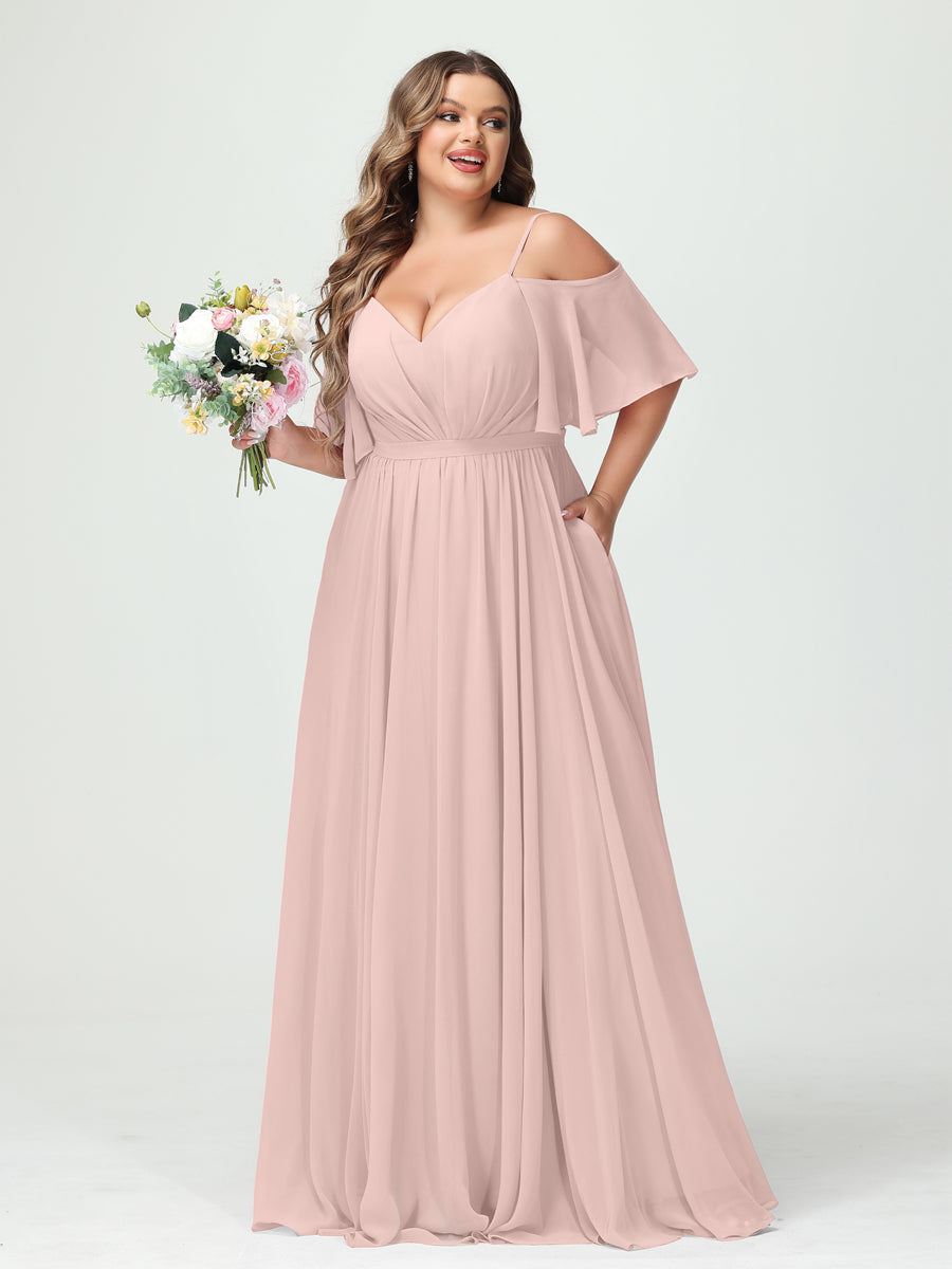 Plus Size Chiffon Bridesmaid Dresses with Pockets – A-Line, Princess, and Spaghetti Strap Styles
