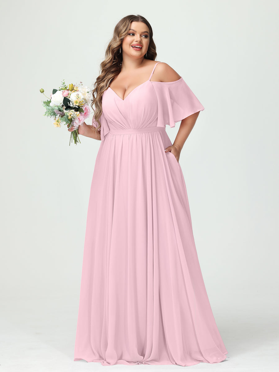 Plus Size Chiffon Bridesmaid Dresses with Pockets – A-Line, Princess, and Spaghetti Strap Styles
