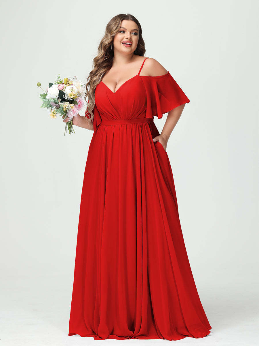 Plus Size Chiffon Bridesmaid Dresses with Pockets – A-Line, Princess, and Spaghetti Strap Styles