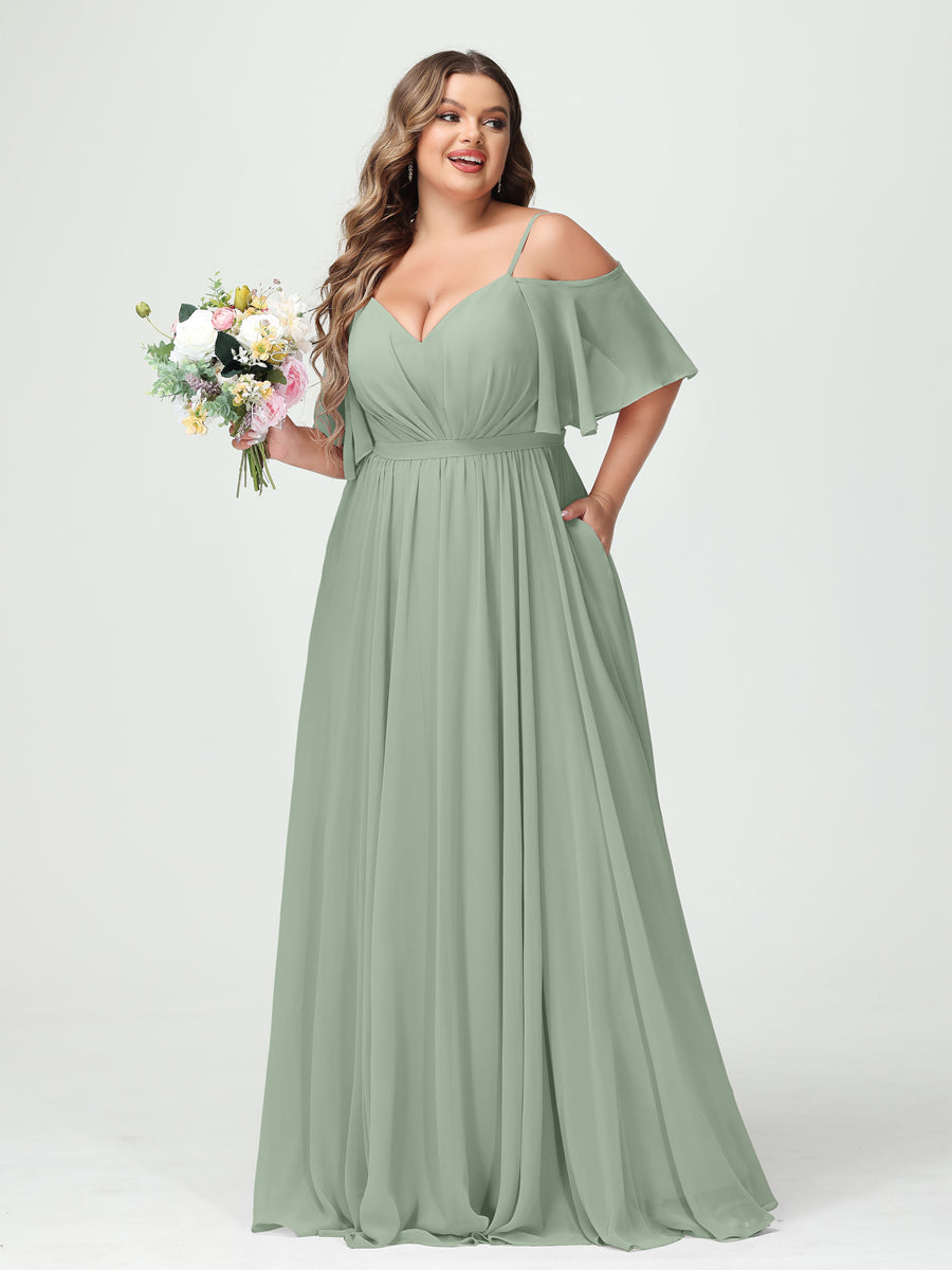 Plus Size Chiffon Bridesmaid Dresses with Pockets – A-Line, Princess, and Spaghetti Strap Styles