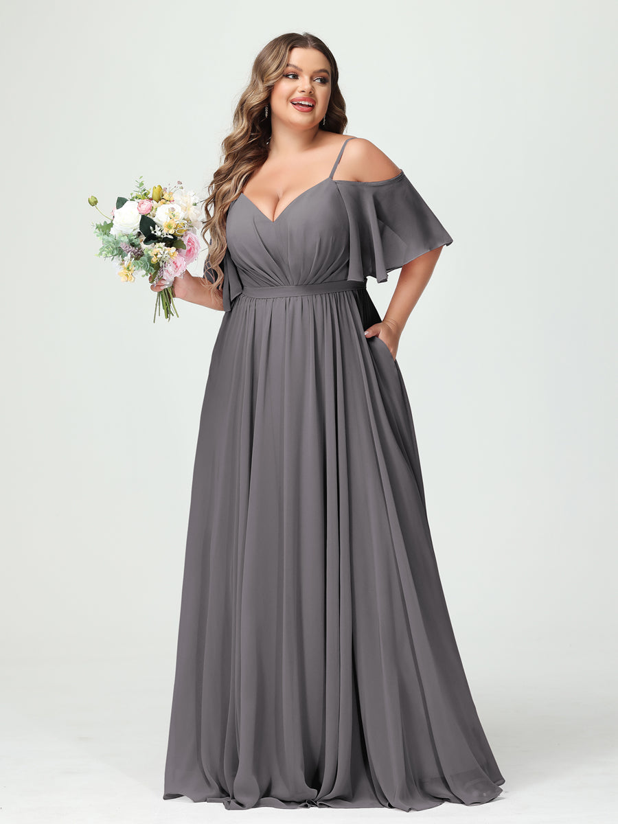 Plus Size Chiffon Bridesmaid Dresses with Pockets – A-Line, Princess, and Spaghetti Strap Styles