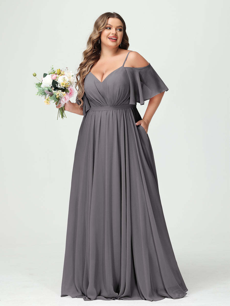 Plus Size Chiffon Bridesmaid Dresses with Pockets – A-Line, Princess, and Spaghetti Strap Styles