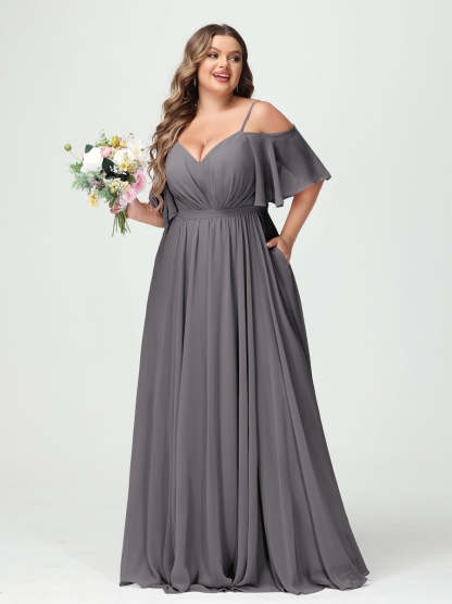 Plus Size Chiffon Bridesmaid Dresses with Pockets – A-Line, Princess, and Spaghetti Strap Styles