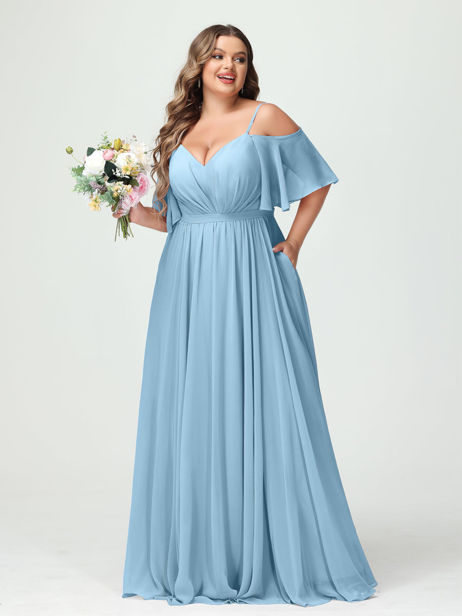 Plus Size Chiffon Bridesmaid Dresses with Pockets – A-Line, Princess, and Spaghetti Strap Styles