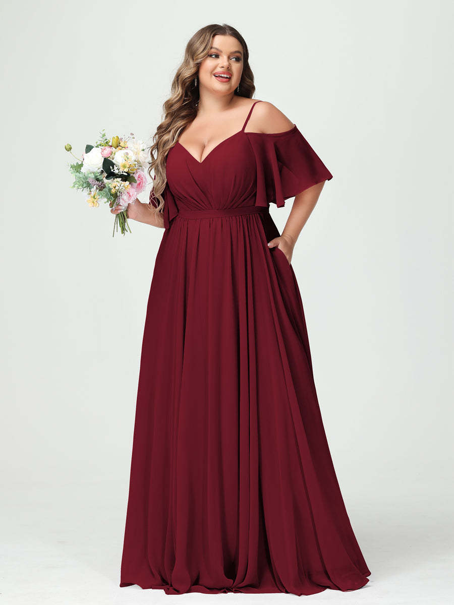 Plus Size Chiffon Bridesmaid Dresses with Pockets – A-Line, Princess, and Spaghetti Strap Styles