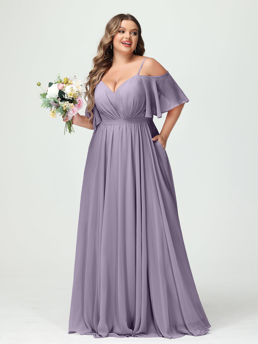 Plus Size Chiffon Bridesmaid Dresses with Pockets – A-Line, Princess, and Spaghetti Strap Styles