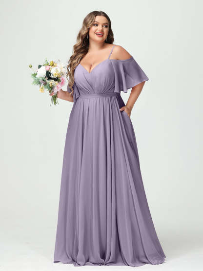 Plus Size Chiffon Bridesmaid Dresses with Pockets – A-Line, Princess, and Spaghetti Strap Styles
