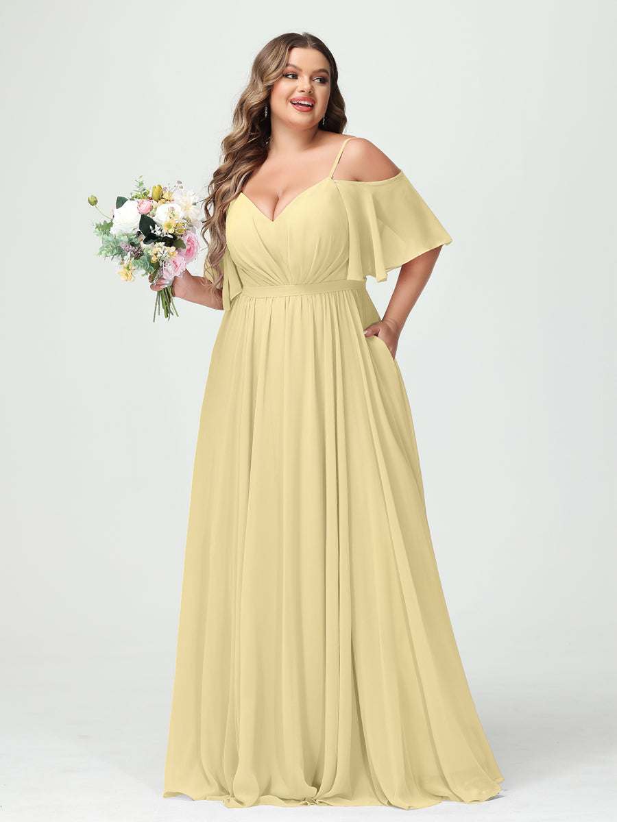 Plus Size Chiffon Bridesmaid Dresses with Pockets – A-Line, Princess, and Spaghetti Strap Styles