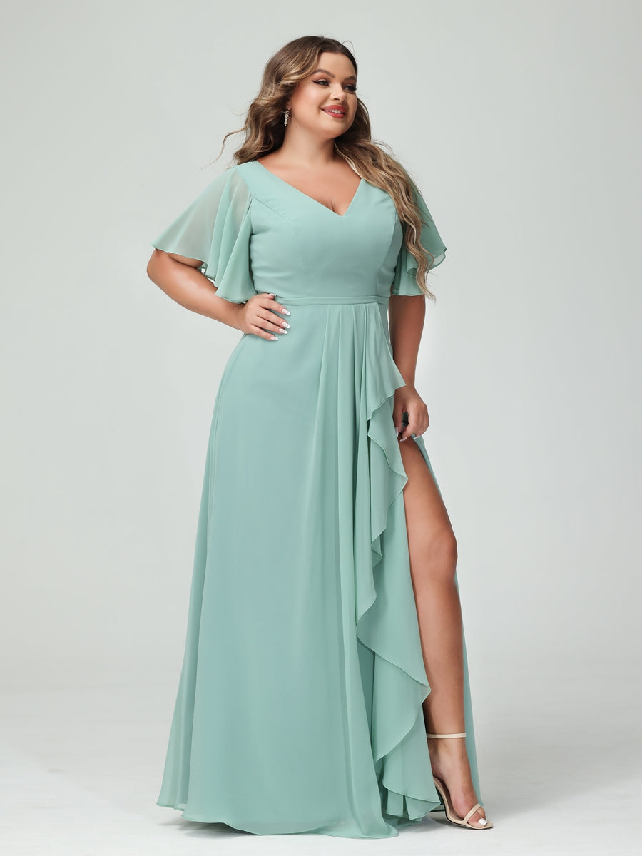Plus Size Chiffon Bridesmaid Dress with V-Neck, A-Line/Princess Cut, Half Sleeves, Side Split & Ruffles-BMbridal.UK
