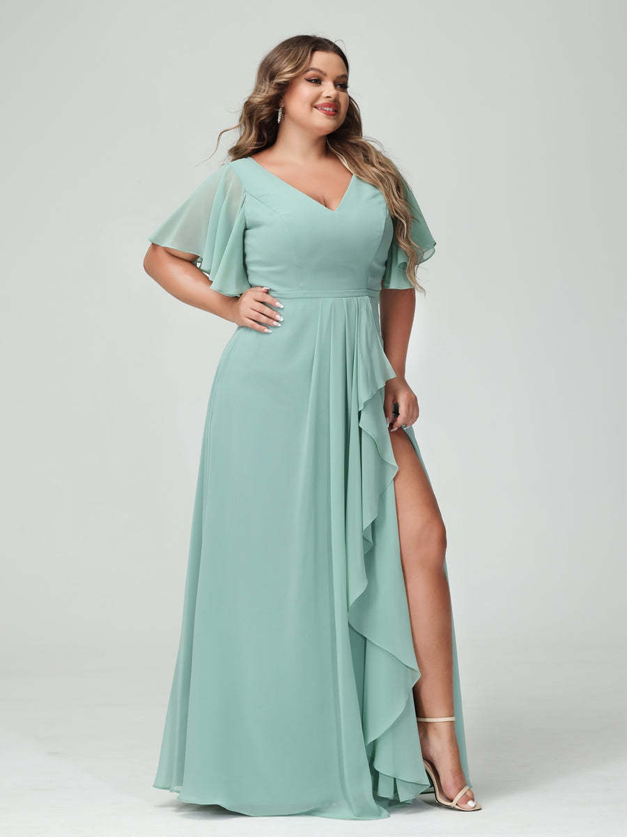 Plus Size Chiffon Bridesmaid Dress with V-Neck, A-Line/Princess Cut, Half Sleeves, Side Split & Ruffles-BMbridal.UK