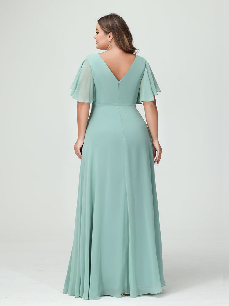 Plus Size Chiffon Bridesmaid Dress with V-Neck, A-Line/Princess Cut, Half Sleeves, Side Split & Ruffles-BMbridal.UK