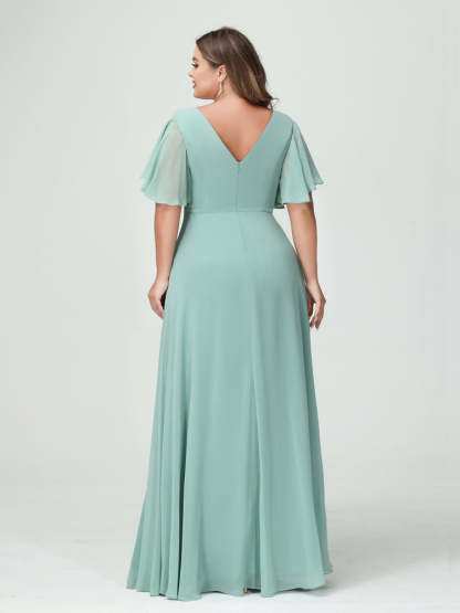 Plus Size Chiffon Bridesmaid Dress with V-Neck, A-Line/Princess Cut, Half Sleeves, Side Split & Ruffles-BMbridal.UK
