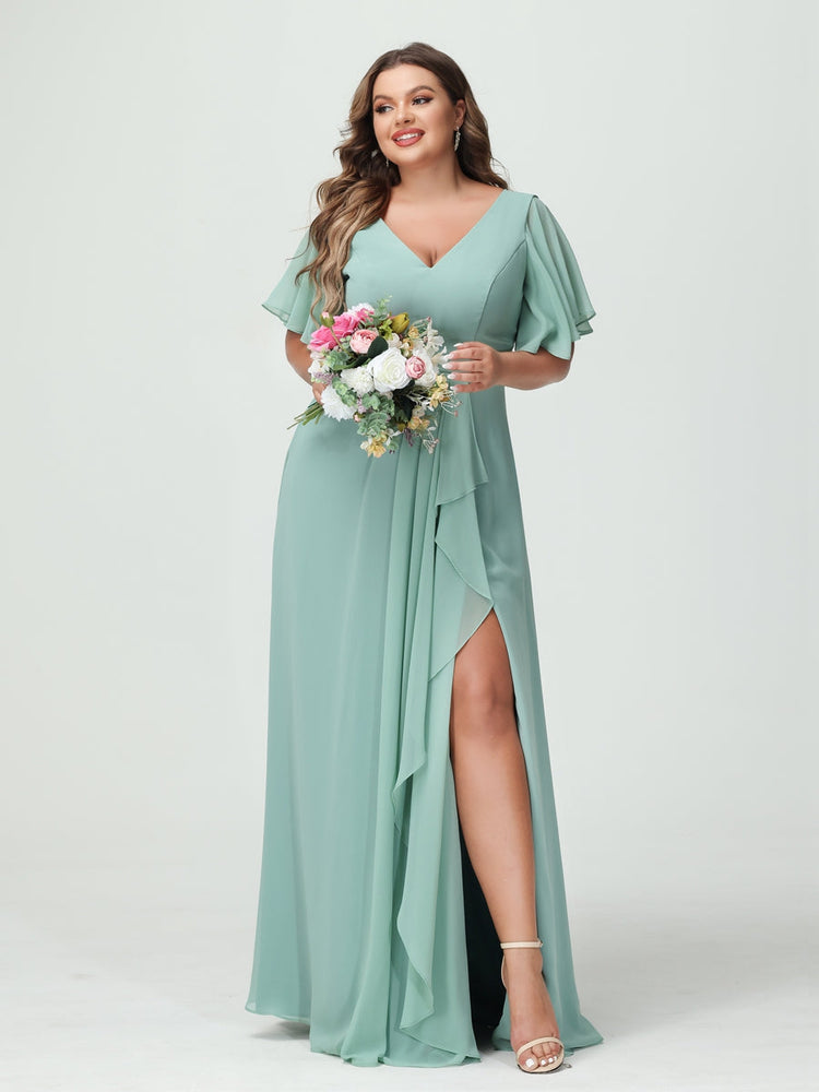Plus Size Chiffon Bridesmaid Dress with V-Neck, A-Line/Princess Cut, Half Sleeves, Side Split & Ruffles-BMbridal.UK