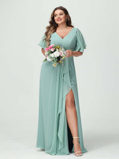 Plus Size Chiffon Bridesmaid Dress with V-Neck, A-Line/Princess Cut, Half Sleeves, Side Split & Ruffles-BMbridal.UK