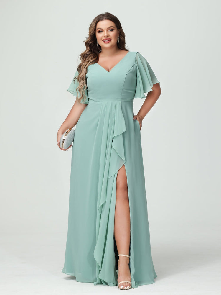 Plus Size Chiffon Bridesmaid Dress with V-Neck, A-Line/Princess Cut, Half Sleeves, Side Split & Ruffles-BMbridal.UK