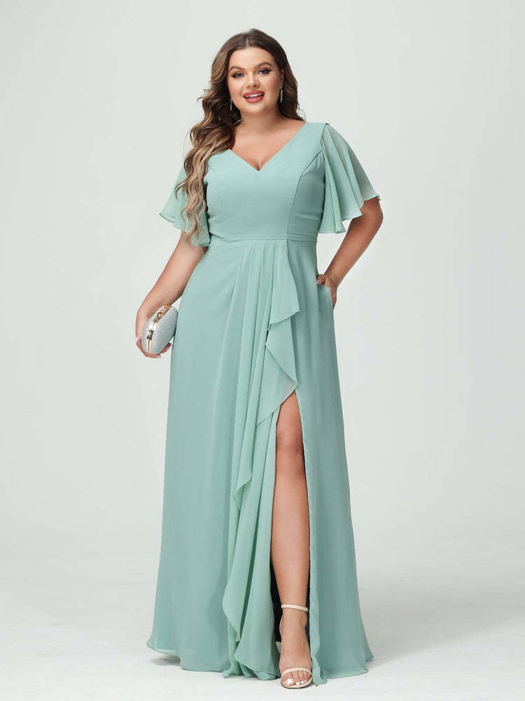 Plus Size Chiffon Bridesmaid Dress with V-Neck, A-Line/Princess Cut, Half Sleeves, Side Split & Ruffles-BMbridal.UK