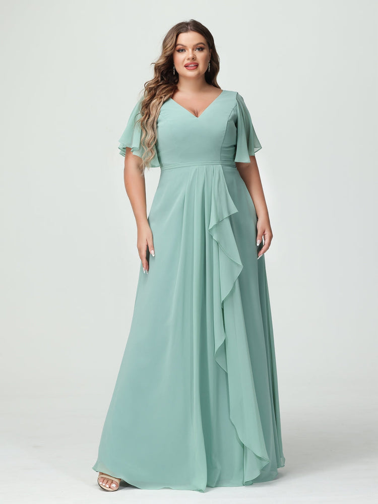 Plus Size Chiffon Bridesmaid Dress with V-Neck, A-Line/Princess Cut, Half Sleeves, Side Split & Ruffles-BMbridal.UK
