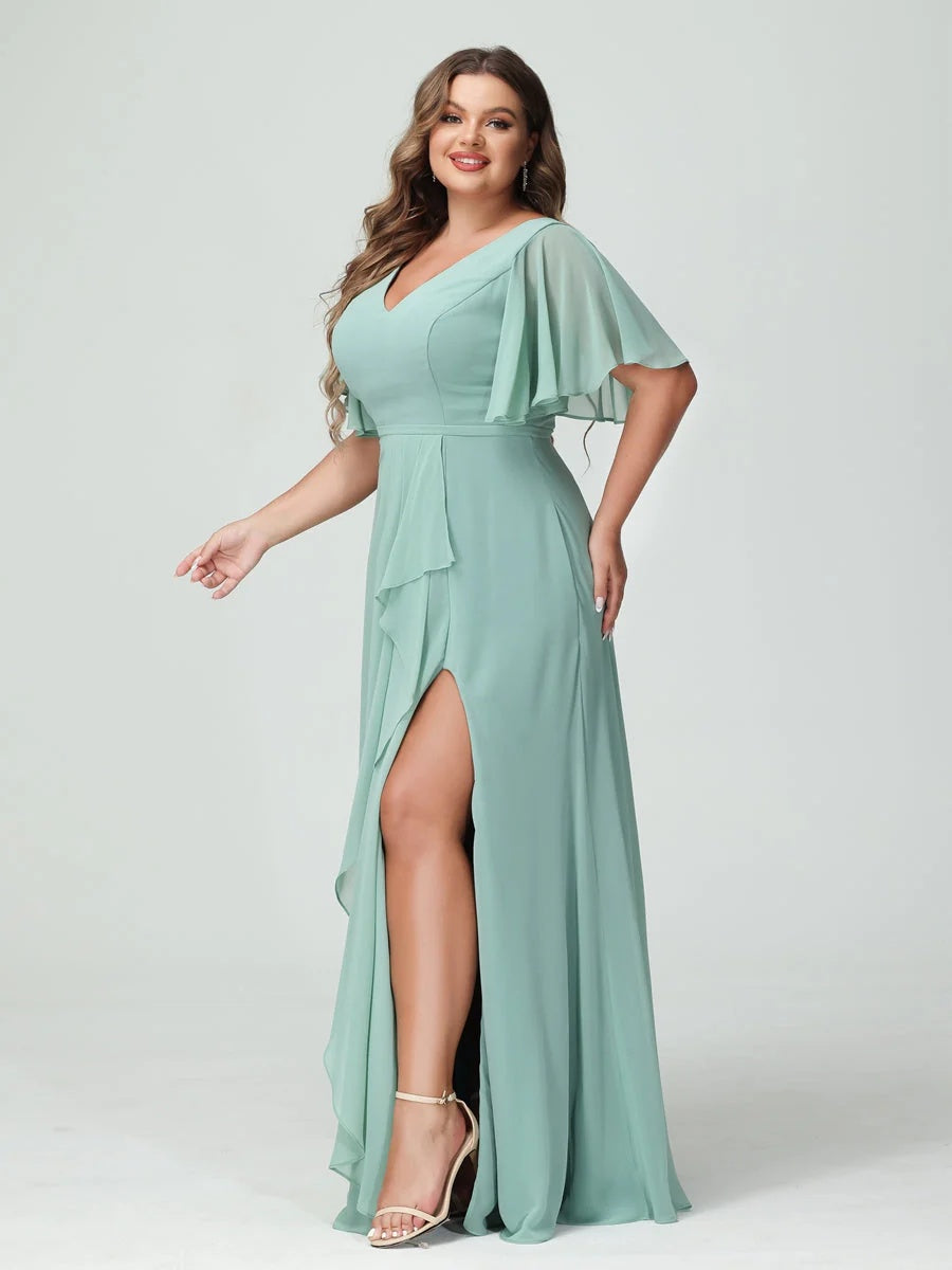 Plus Size Chiffon Bridesmaid Dress with V-Neck, A-Line/Princess Cut, Half Sleeves, Side Split & Ruffles-BMbridal.UK