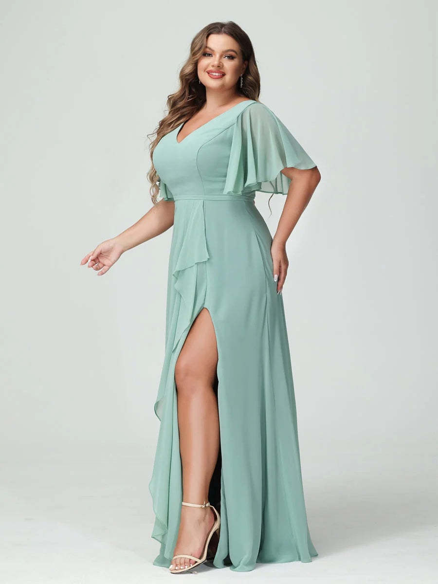 Plus Size Chiffon Bridesmaid Dress with V-Neck, A-Line/Princess Cut, Half Sleeves, Side Split & Ruffles-BMbridal.UK