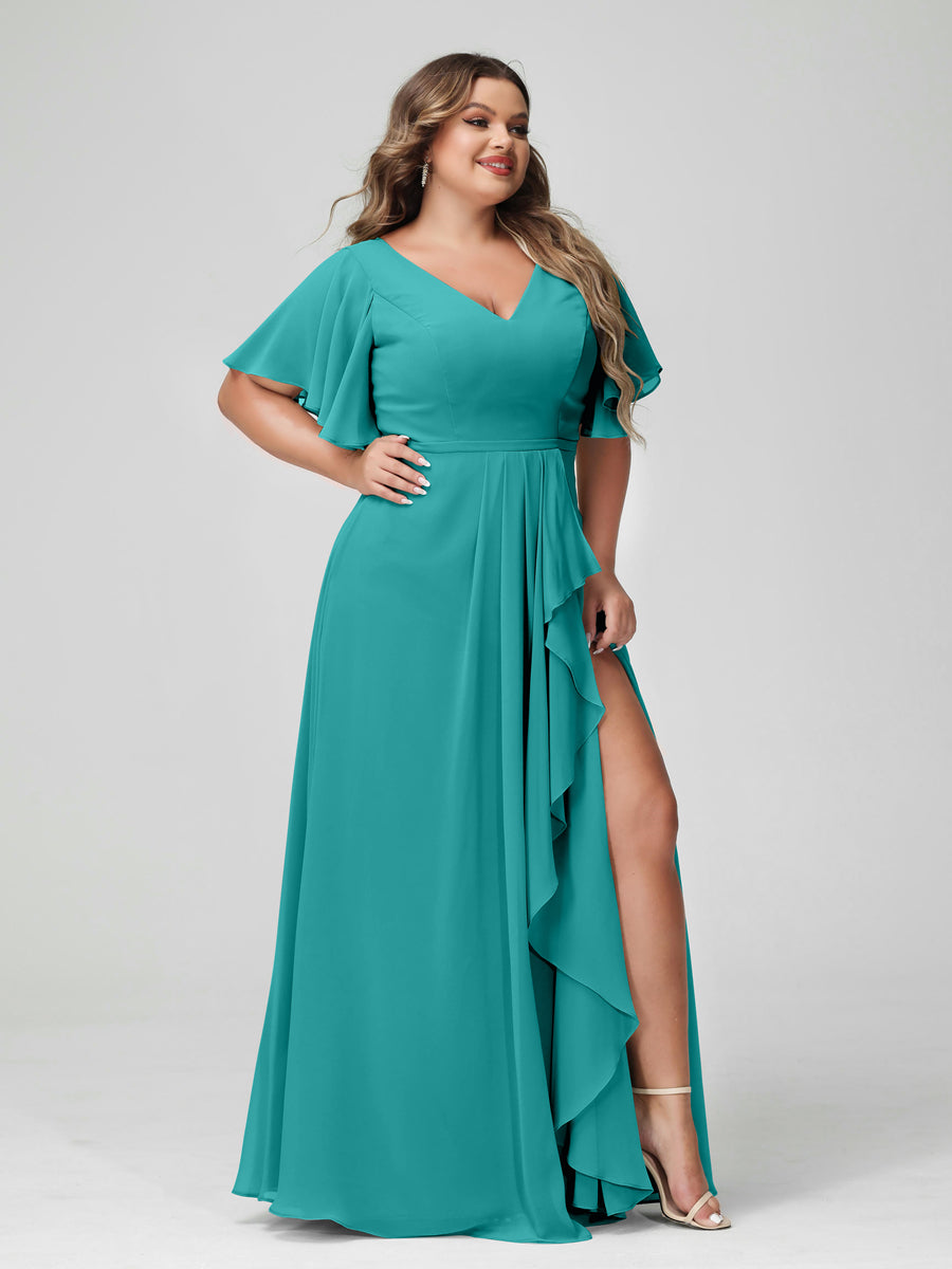 Plus Size Chiffon Bridesmaid Dress with V-Neck, A-Line/Princess Cut, Half Sleeves, Side Split & Ruffles-BMbridal.UK