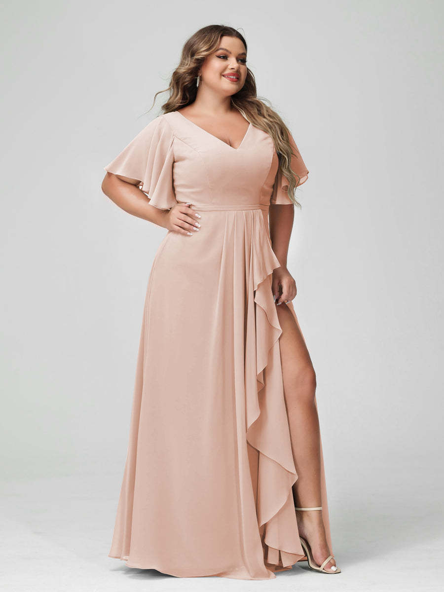 Plus Size Chiffon Bridesmaid Dress with V-Neck, A-Line/Princess Cut, Half Sleeves, Side Split & Ruffles-BMbridal.UK