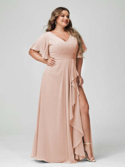 Plus Size Chiffon Bridesmaid Dress with V-Neck, A-Line/Princess Cut, Half Sleeves, Side Split & Ruffles-BMbridal.UK
