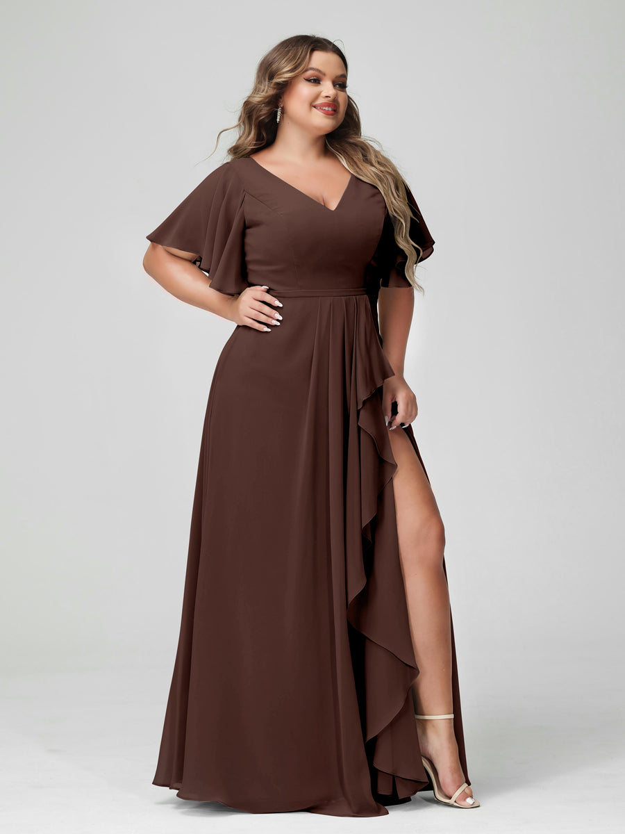 Plus Size Chiffon Bridesmaid Dress with V-Neck, A-Line/Princess Cut, Half Sleeves, Side Split & Ruffles-BMbridal.UK