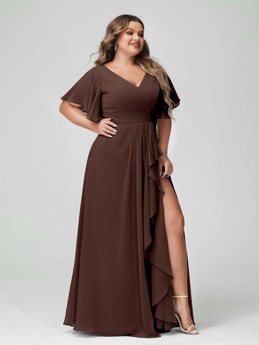 Plus Size Chiffon Bridesmaid Dress with V-Neck, A-Line/Princess Cut, Half Sleeves, Side Split & Ruffles-BMbridal.UK