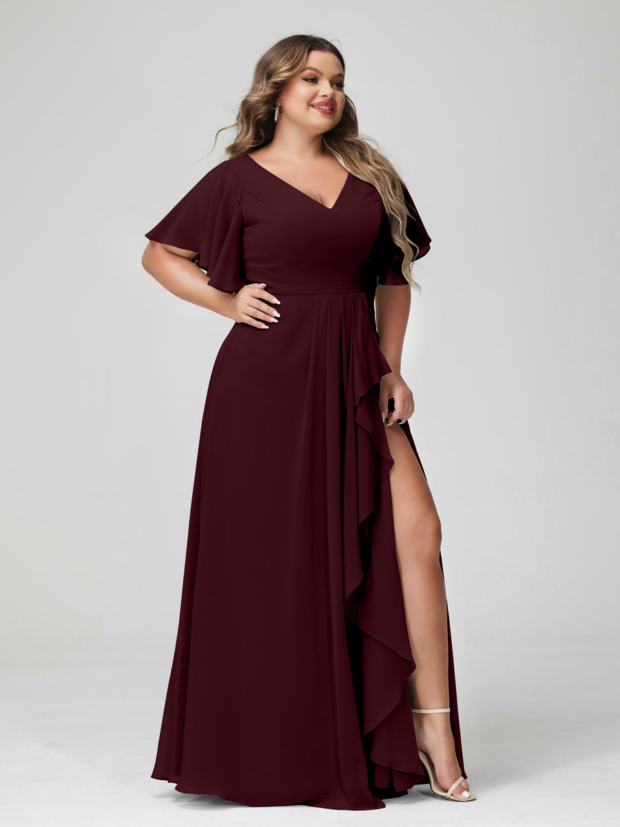 Plus Size Chiffon Bridesmaid Dress with V-Neck, A-Line/Princess Cut, Half Sleeves, Side Split & Ruffles-BMbridal.UK