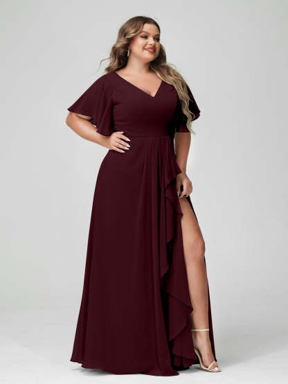 Plus Size Chiffon Bridesmaid Dress with V-Neck, A-Line/Princess Cut, Half Sleeves, Side Split & Ruffles-BMbridal.UK