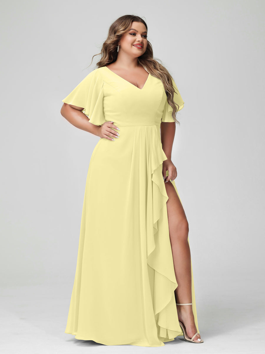 Plus Size Chiffon Bridesmaid Dress with V-Neck, A-Line/Princess Cut, Half Sleeves, Side Split & Ruffles-BMbridal.UK