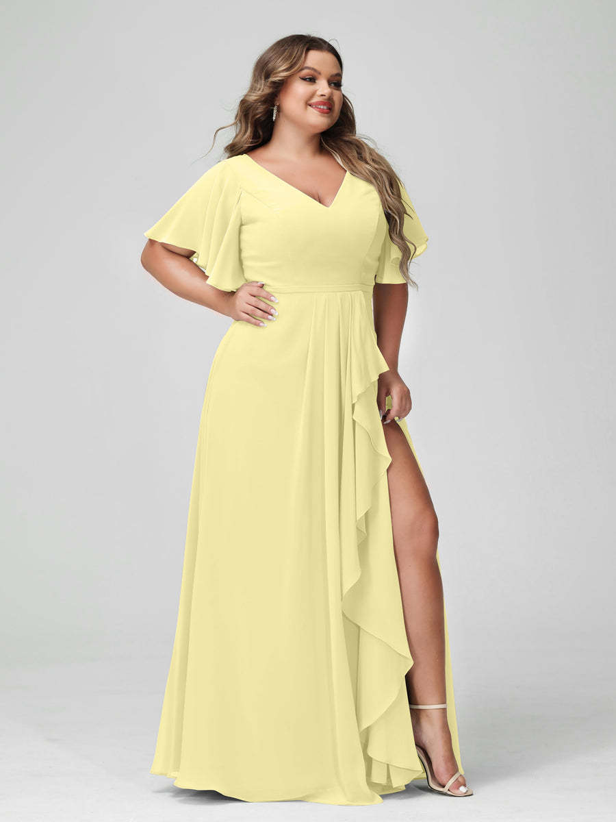Plus Size Chiffon Bridesmaid Dress with V-Neck, A-Line/Princess Cut, Half Sleeves, Side Split & Ruffles-BMbridal.UK