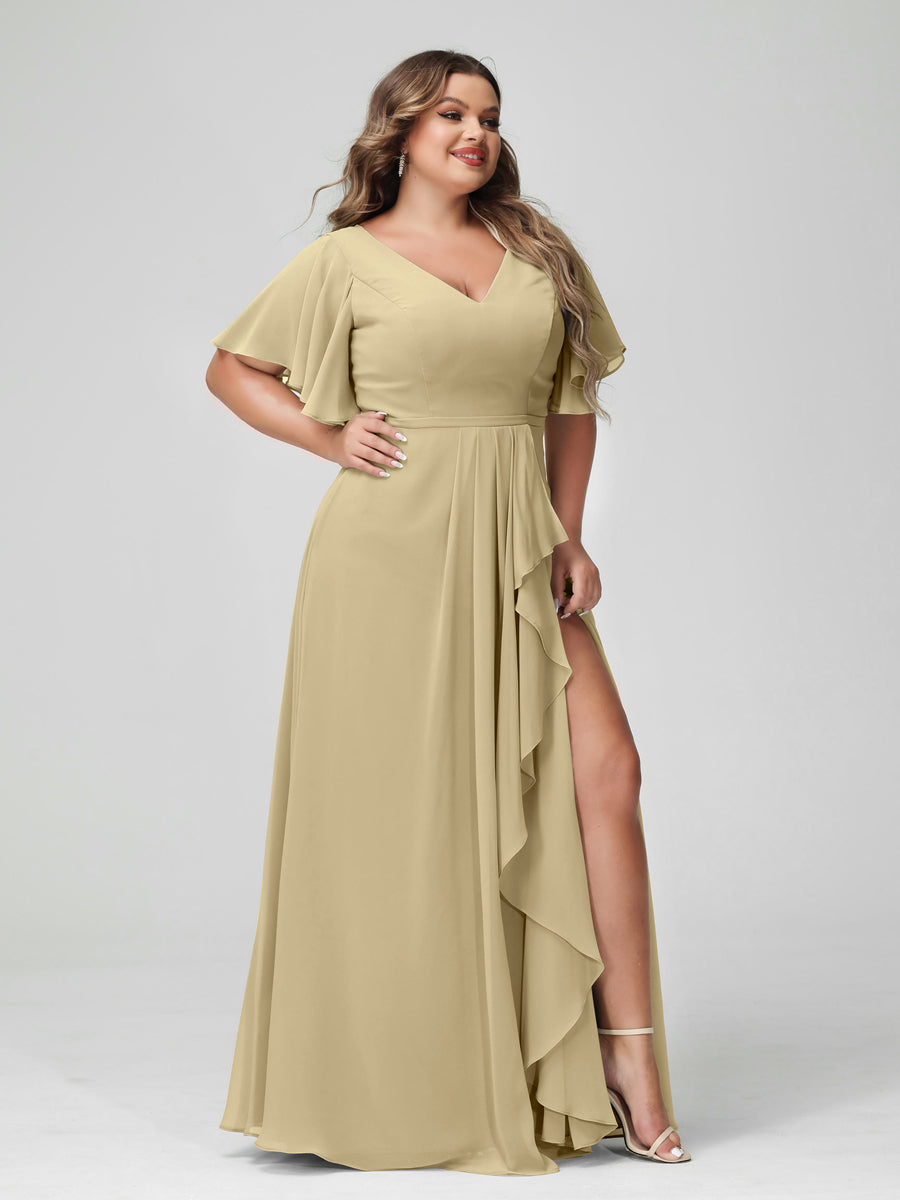 Plus Size Chiffon Bridesmaid Dress with V-Neck, A-Line/Princess Cut, Half Sleeves, Side Split & Ruffles-BMbridal.UK