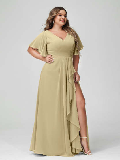 Plus Size Chiffon Bridesmaid Dress with V-Neck, A-Line/Princess Cut, Half Sleeves, Side Split & Ruffles-BMbridal.UK