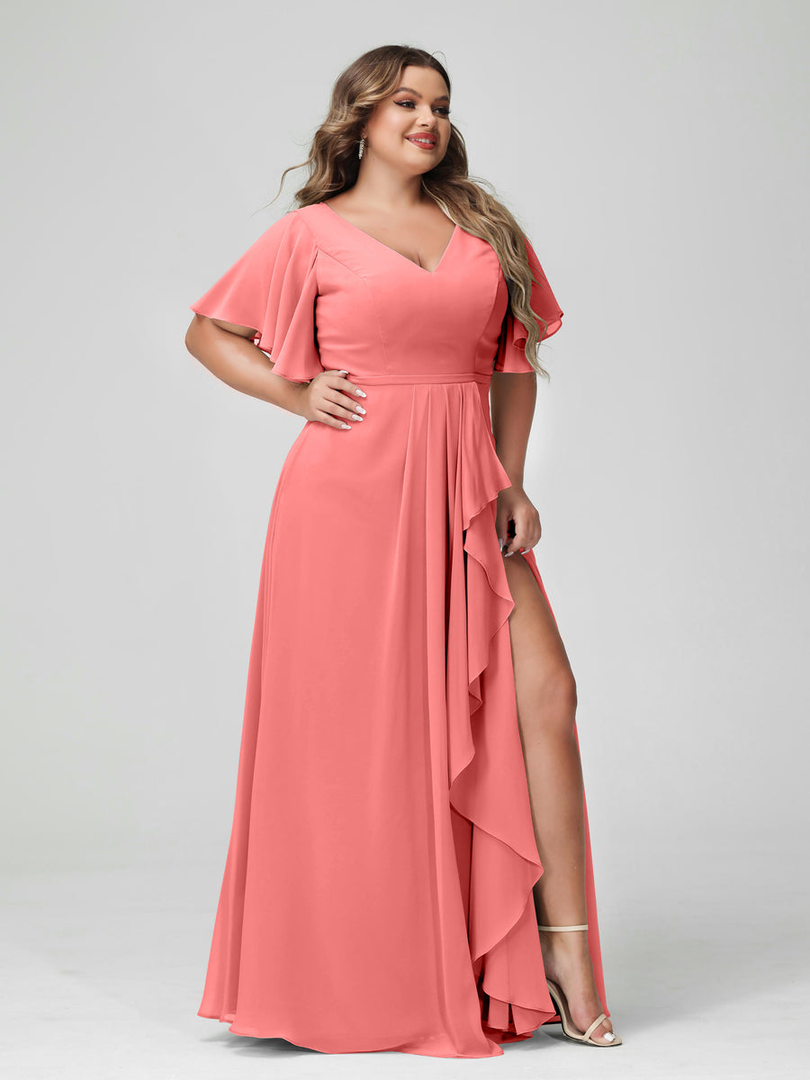 Plus Size Chiffon Bridesmaid Dress with V-Neck, A-Line/Princess Cut, Half Sleeves, Side Split & Ruffles-BMbridal.UK