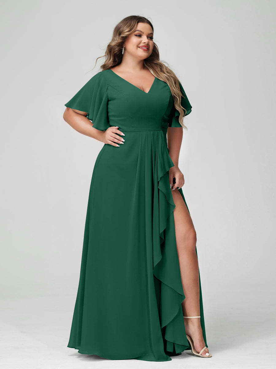 Plus Size Chiffon Bridesmaid Dress with V-Neck, A-Line/Princess Cut, Half Sleeves, Side Split & Ruffles-BMbridal.UK