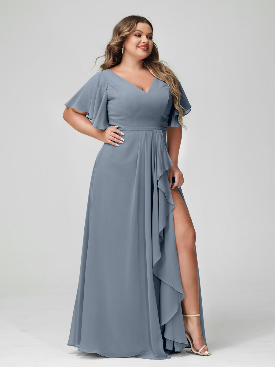 Plus Size Chiffon Bridesmaid Dress with V-Neck, A-Line/Princess Cut, Half Sleeves, Side Split & Ruffles-BMbridal.UK