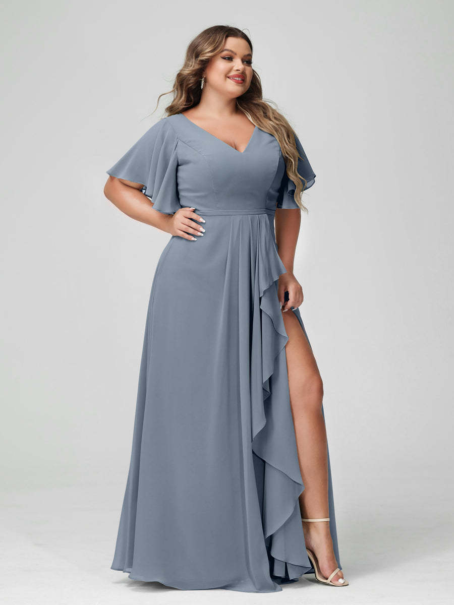 Plus Size Chiffon Bridesmaid Dress with V-Neck, A-Line/Princess Cut, Half Sleeves, Side Split & Ruffles-BMbridal.UK