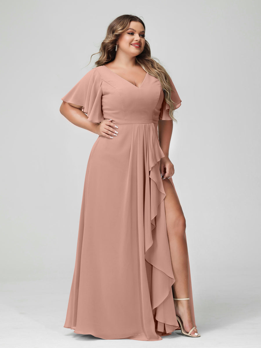 Plus Size Chiffon Bridesmaid Dress with V-Neck, A-Line/Princess Cut, Half Sleeves, Side Split & Ruffles-BMbridal.UK
