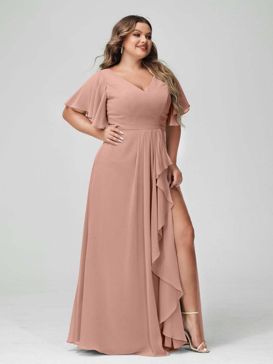Plus Size Chiffon Bridesmaid Dress with V-Neck, A-Line/Princess Cut, Half Sleeves, Side Split & Ruffles-BMbridal.UK