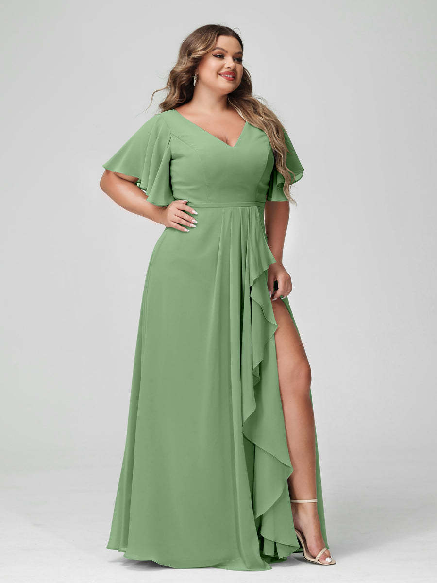 Plus Size Chiffon Bridesmaid Dress with V-Neck, A-Line/Princess Cut, Half Sleeves, Side Split & Ruffles-BMbridal.UK