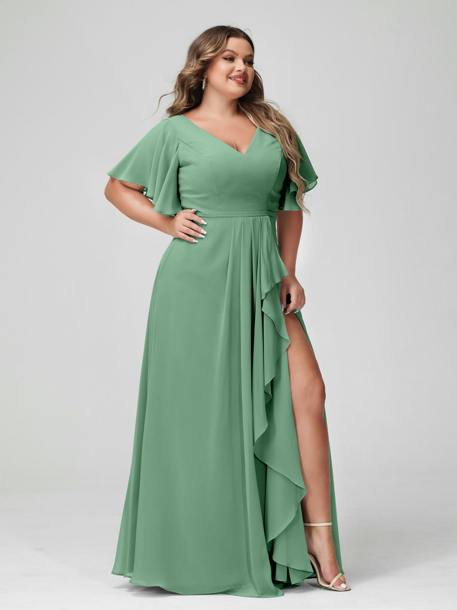 Plus Size Chiffon Bridesmaid Dress with V-Neck, A-Line/Princess Cut, Half Sleeves, Side Split & Ruffles-BMbridal.UK