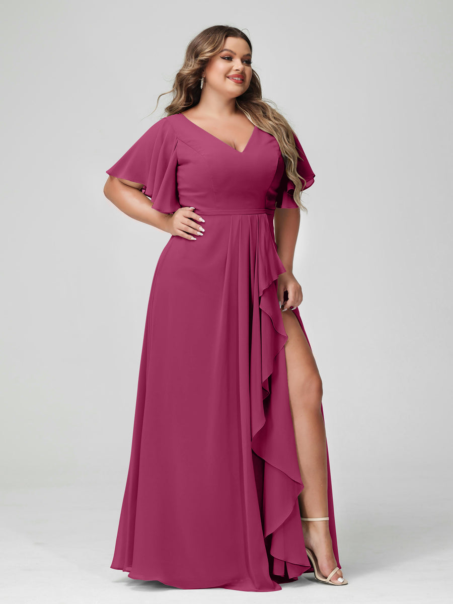 Plus Size Chiffon Bridesmaid Dress with V-Neck, A-Line/Princess Cut, Half Sleeves, Side Split & Ruffles-BMbridal.UK